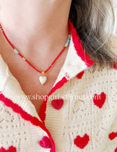 Load image into Gallery viewer, Love struck// red seed bead, mint jade, puff heart pendant necklace
