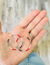 Load image into Gallery viewer, Firecracker Red White and Blue // Japanese miyuki glass gold filled hand beaded hoop earrings