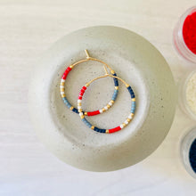 Load image into Gallery viewer, Firecracker Red White and Blue // Japanese miyuki glass gold filled hand beaded hoop earrings