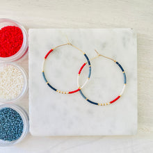 Load image into Gallery viewer, Firecracker Red White and Blue // Japanese miyuki glass gold filled hand beaded hoop earrings