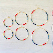 Load image into Gallery viewer, Firecracker Red White and Blue // Japanese miyuki glass gold filled hand beaded hoop earrings