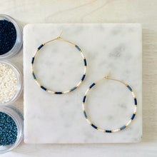 Load image into Gallery viewer, Denim and Pearl //Japanese miyuki glass hand beaded gold filled hoop earrings