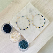 Load image into Gallery viewer, Denim and Pearl //Japanese miyuki glass hand beaded gold filled hoop earrings