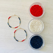 Load image into Gallery viewer, Firecracker Red White and Blue // Japanese miyuki glass gold filled hand beaded hoop earrings
