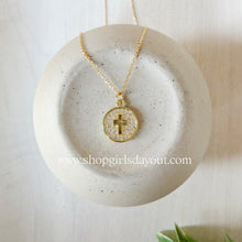 Load image into Gallery viewer, Surrounded by Faith // crystal medallion cross cut out pendant necklace
