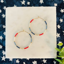 Load image into Gallery viewer, Firecracker Red White and Blue // Japanese miyuki glass gold filled hand beaded hoop earrings
