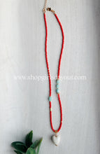 Load image into Gallery viewer, Love struck// red seed bead, mint jade, puff heart pendant necklace
