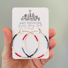 Load image into Gallery viewer, Firecracker Red White and Blue // Japanese miyuki glass gold filled hand beaded hoop earrings
